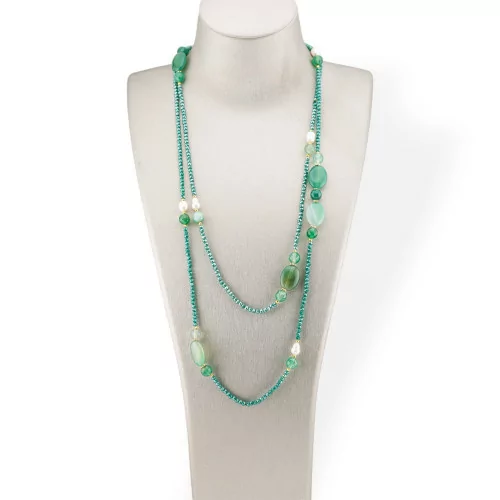 Bijoux Charleston Collier de cristaux CZ avec pierres semi-précieuses et perles de rivière avec hématite 160 cm MOD42 vert clair