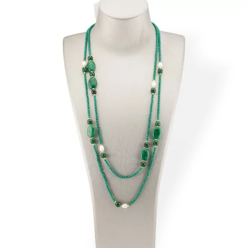 Charlestone Bijoux Necklace Of CZ Crystals With Hard Stones And River Pearls With Hematite 160cm MOD42 Emerald Green