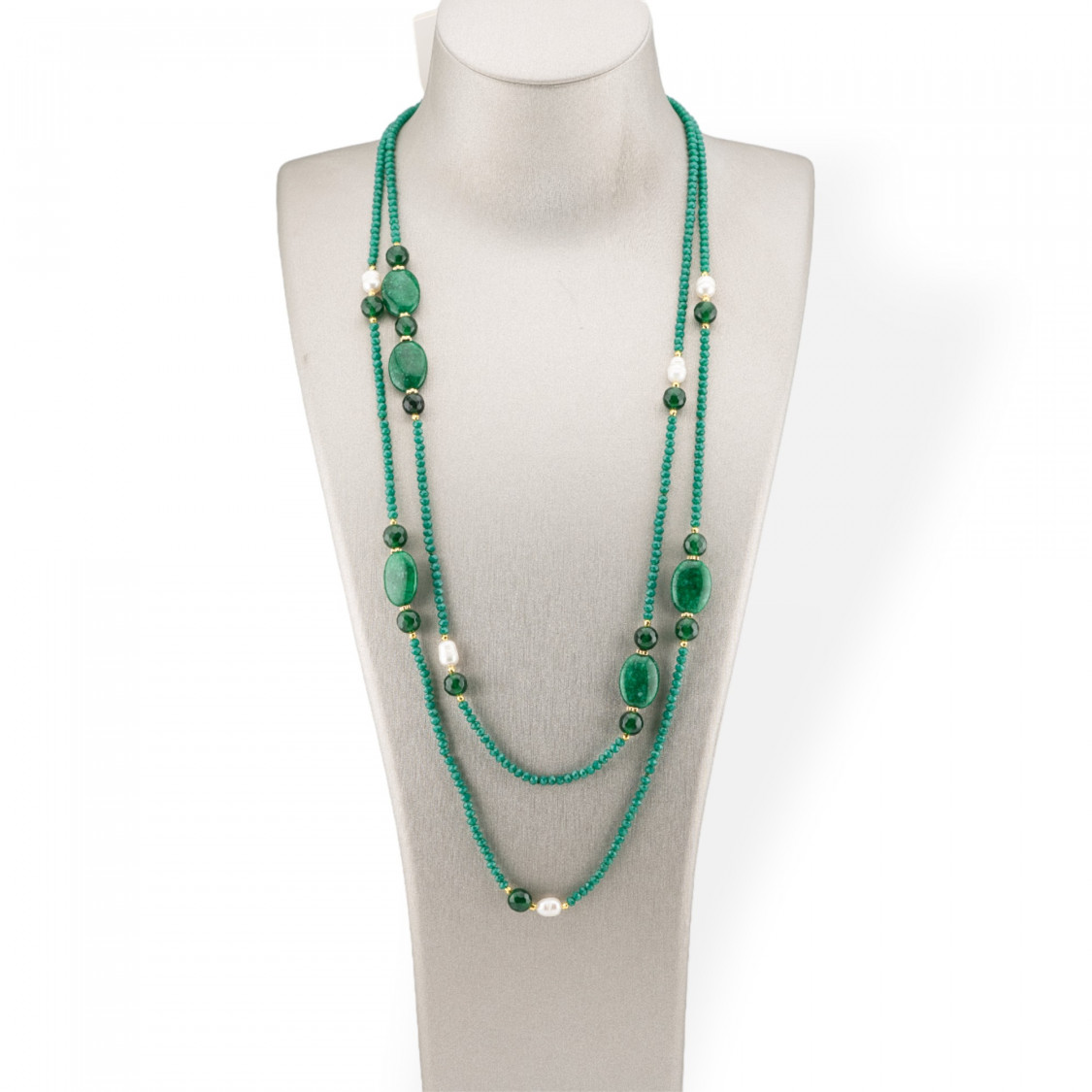 Collana Bijoux Charlestone Di Cristalli CZ Con Pietre Dure E Perle Di Fiume Con Ematite 160cm MOD42 Verde Smeraldo-DESIGN ITALY | Worldofjewel.com