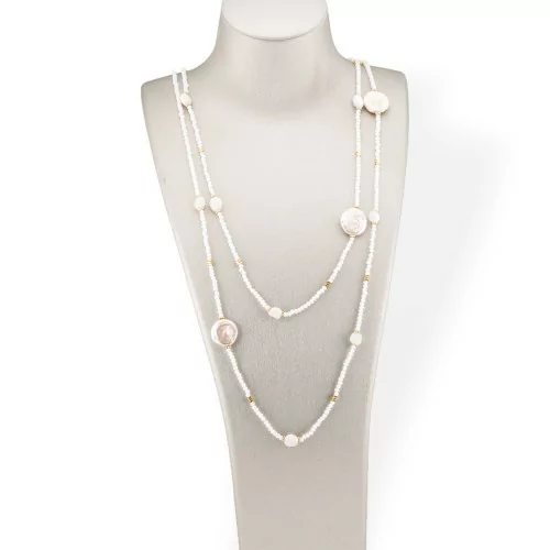 Κολιέ Bijoux Charleston Από ημιπολύτιμες πέτρες Flat Baroque River Pearls, Hematite and Crystals 160cm Λευκό