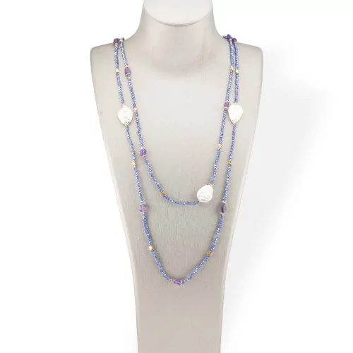 Charlestone Bijoux Necklace Of Hard Stones Flat Baroque River Pearls, Hematite And Crystals 160cm Blue