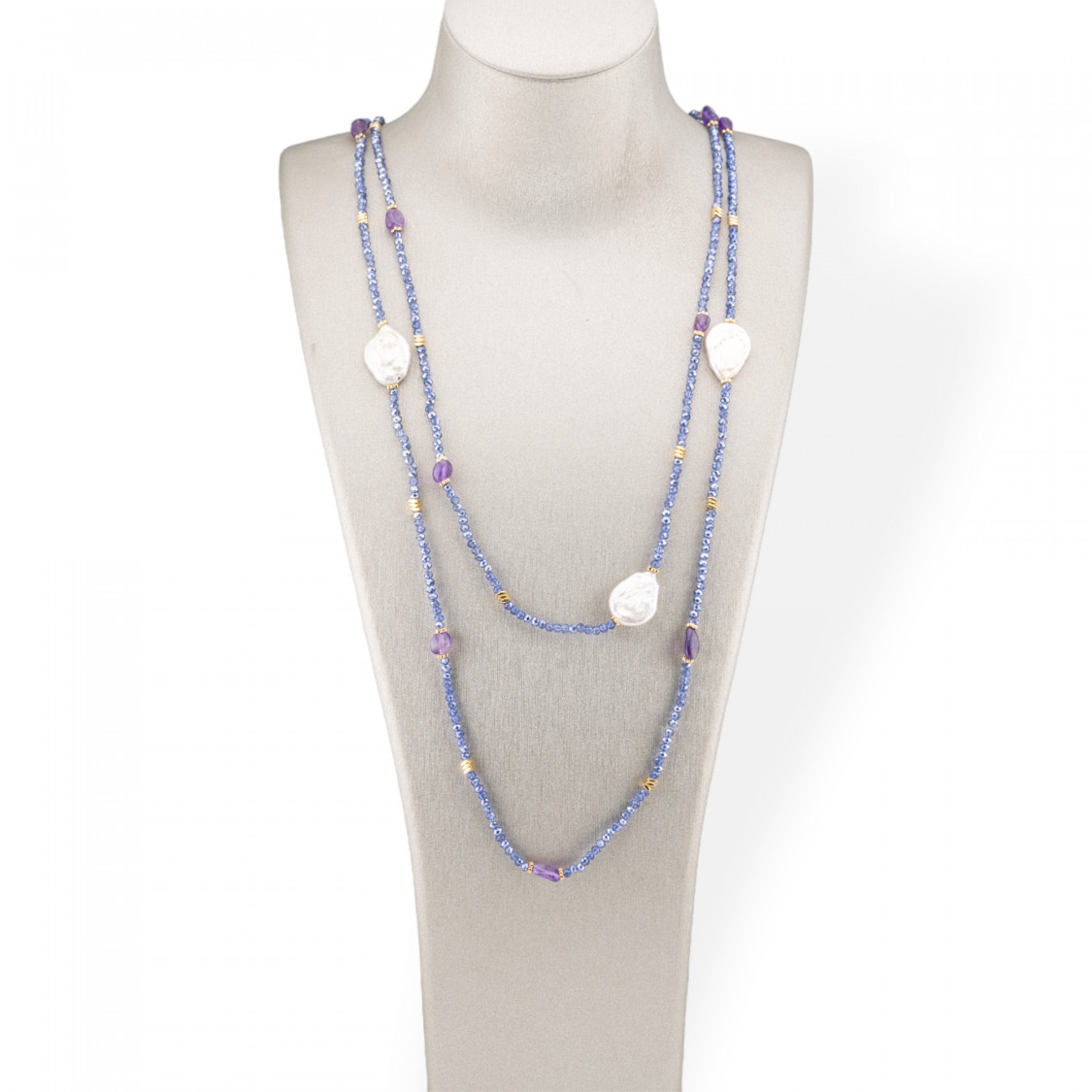 Collana Bijoux Charlestone Di Pietre Dure Perle Di Fiume Barocche Piatte, Ematite E Cristalli 160cm Blu-DESIGN ITALY | Worldofjewel.com