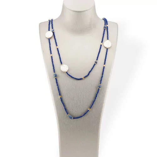 Charlestone Bijoux Necklace Of Hard Stones Flat Baroque River Pearls, Hematite And Crystals 160cm Dark Blue