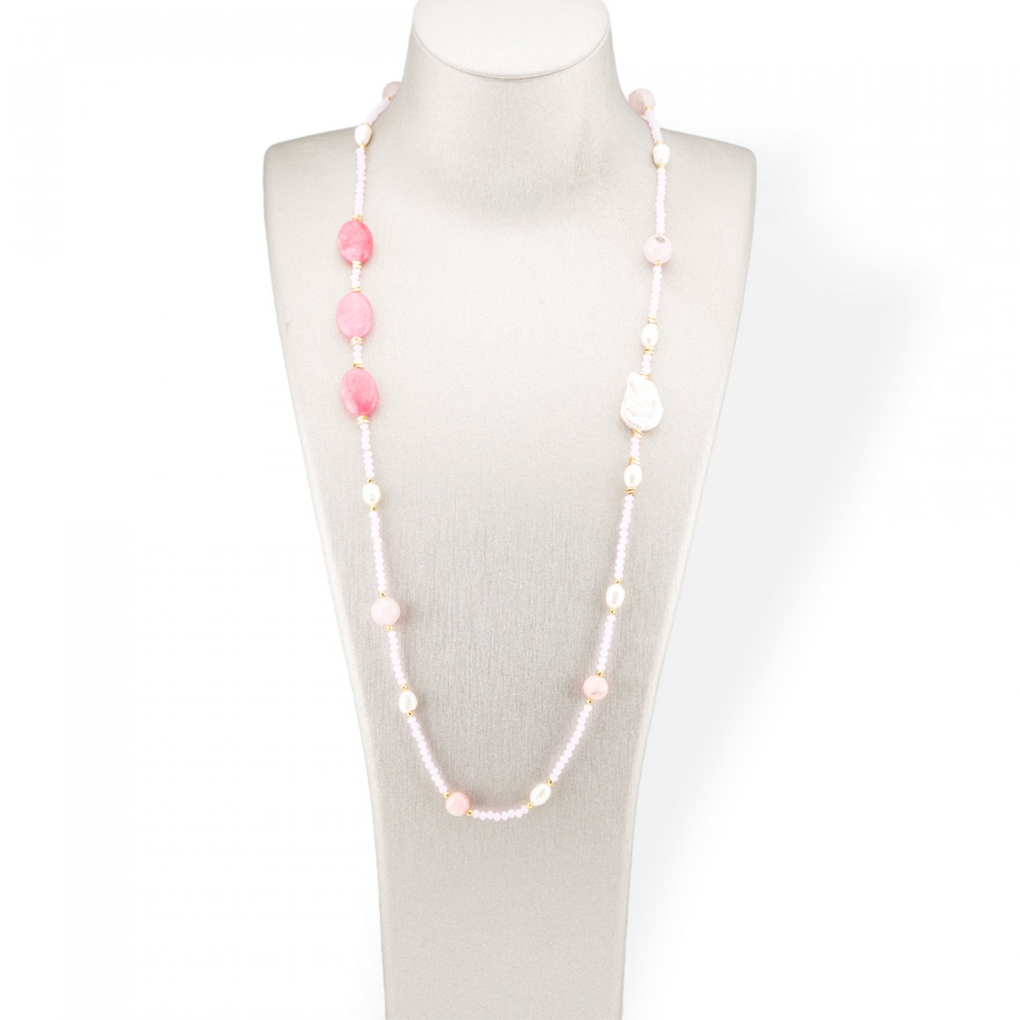 Collana Bijoux Di Cristalli CZ Con Pietre Dure E Perle Di Fiume Barocche Piatte Con Ematite 90cm Rosa-DESIGN ITALY | Worldofjewel.com