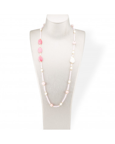 Collana Bijoux Di Cristalli CZ Con Pietre Dure E Perle Di Fiume Barocche Piatte Con Ematite 90cm Rosa-DESIGN ITALY | Worldofjewel.com