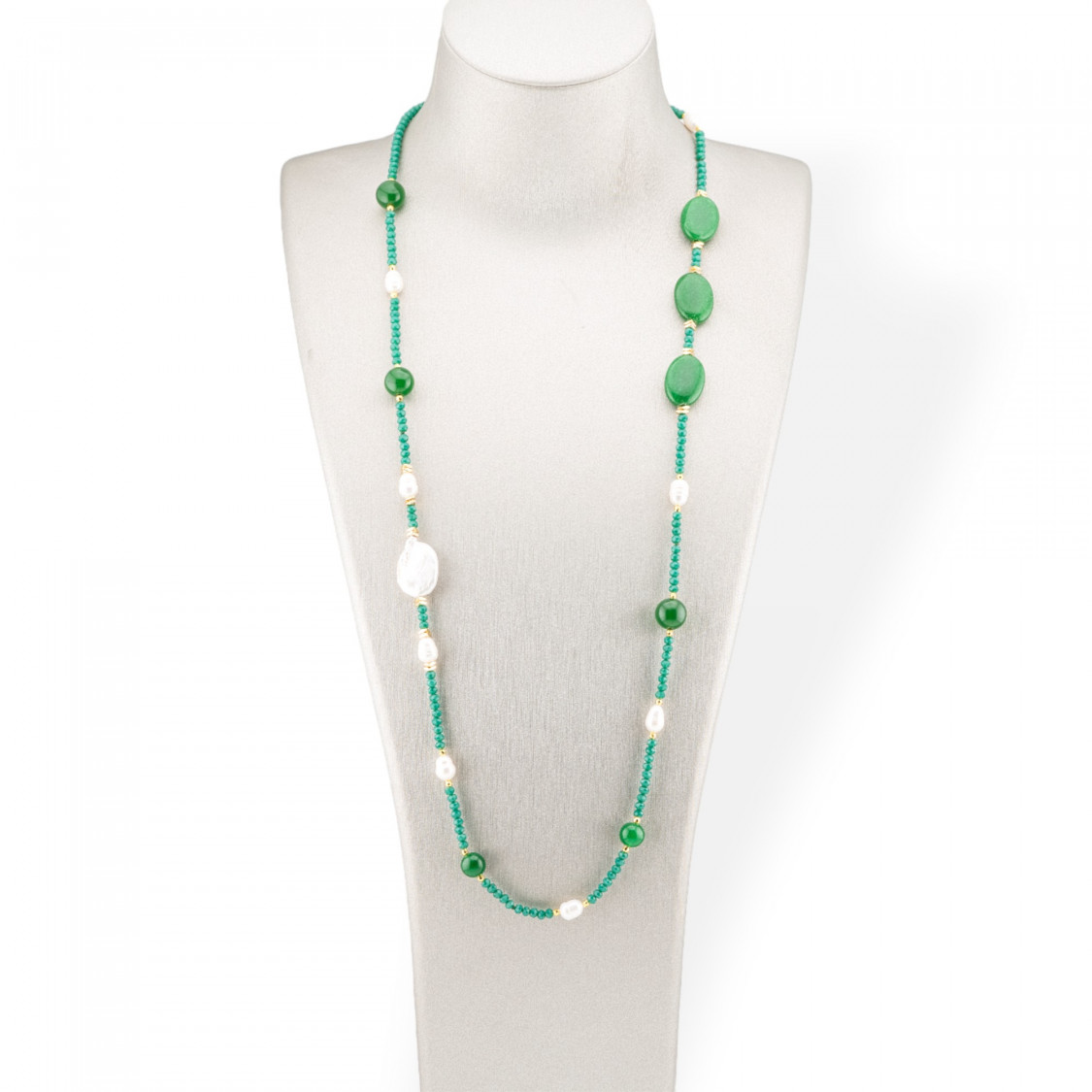 Collana Bijoux Di Cristalli CZ Con Pietre Dure E Perle Di Fiume Barocche Piatte Con Ematite 90cm Verde Chiaro-DESIGN ITALY | Worldofjewel.com