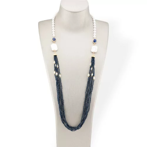 Bijoux Collar De Perlas Mallorquinas Y Cristales CZ Con Perlas De Río Barrocas 90cm Azul