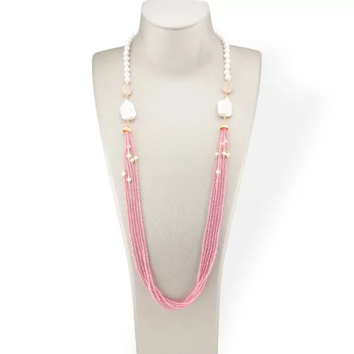 Bijoux Collar de Perlas de Mallorca y Cristales CZ con Perlas de Río Barrocas 90cm Rosa