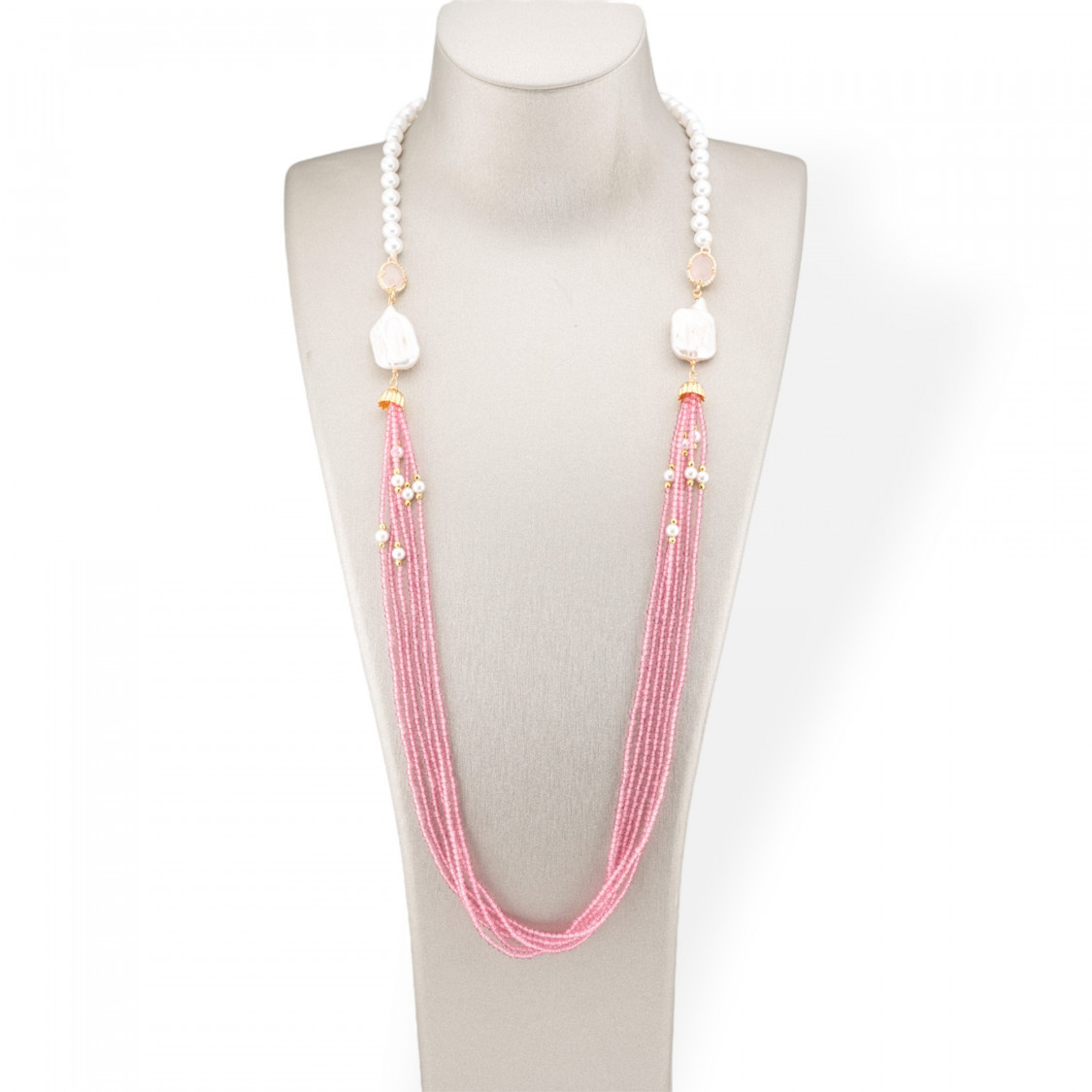 Collana Bijoux Di Perla Di Maiorca e Cristalli CZ Con Perle Di Fiume Barocche 90cm Rosa-DESIGN ITALY | Worldofjewel.com