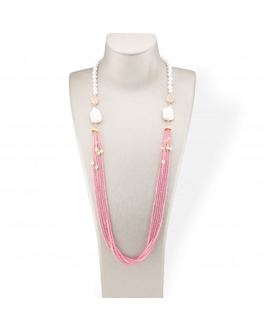 Collana Bijoux Di Perla Di Maiorca e Cristalli CZ Con Perle Di Fiume Barocche 90cm Rosa-DESIGN ITALY | Worldofjewel.com