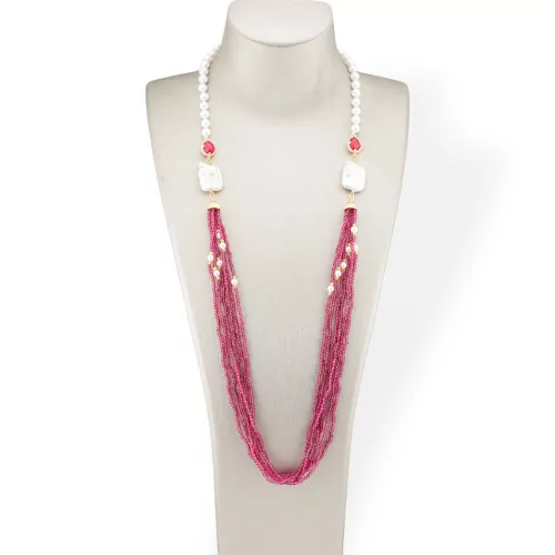 Mallorca Pearl and CZ Crystals Bijoux Necklace With Baroque River Pearls 90cm Red