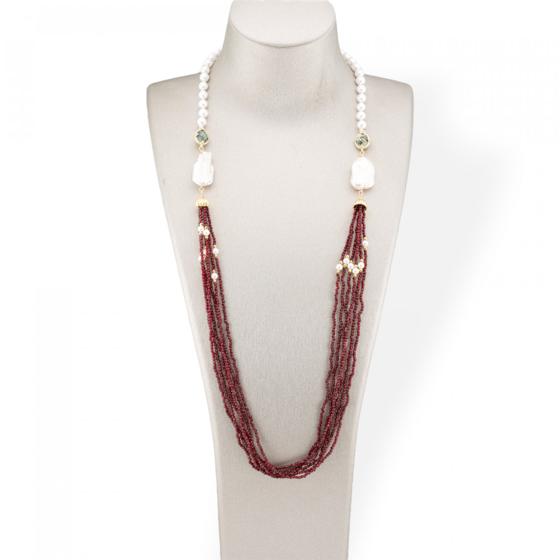 Collana Bijoux Di Perla Di Maiorca e Cristalli CZ Con Perle Di Fiume Barocche 90cm Ruby Scuro-DESIGN ITALY | Worldofjewel.com