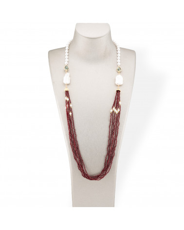 Collana Bijoux Di Perla Di Maiorca e Cristalli CZ Con Perle Di Fiume Barocche 90cm Ruby Scuro-DESIGN ITALY | Worldofjewel.com