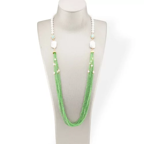 Bijoux Collar de Perlas de Mallorca y Cristales CZ con Perlas de Río Barrocas 90cm Verde Claro