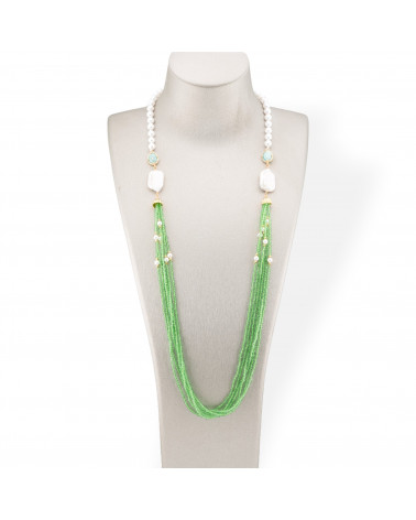 Collana Bijoux Di Perla Di Maiorca e Cristalli CZ Con Perle Di Fiume Barocche 90cm Verde Chiaro-DESIGN ITALY | Worldofjewel.com