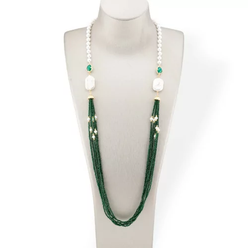 Mallorca Pearl and CZ Crystals Bijoux Necklace With Baroque River Pearls 90cm Emerald Green