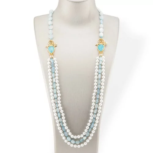 Tumbled Stone Bijoux Necklace With Majorcan Pearl And Bronze Center 90cm Aquamarine