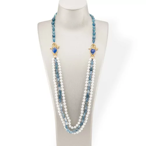 Bijoux Collar de Piedras Semipreciosas Rodadas con Perla de Mallorca y Centro de Bronce 90cm Cristal de Roca Azul