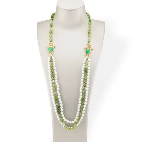 Tumbled Stone Bijoux Necklace With Majorcan Pearl And Bronze Center 90cm Rock Crystal Peridot