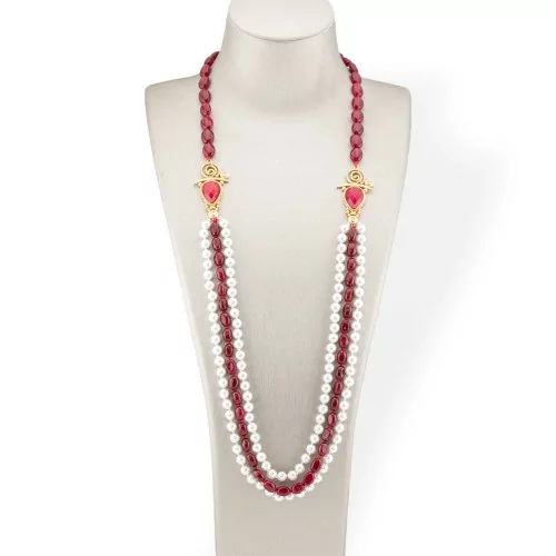 Tumbled Stone Bijoux Necklace With Majorcan Pearl And Bronze Center 90cm Ruby Jade