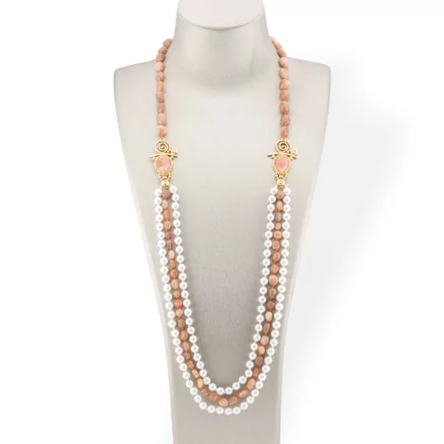 Tumbled Stone Bijoux Necklace With Majorcan Pearl And Bronze Center 90cm Pink Moonstone