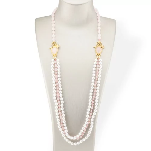 Tumbled Stone Bijoux Necklace With Majorcan Pearl And Bronze Center 90cm Rose Quartz