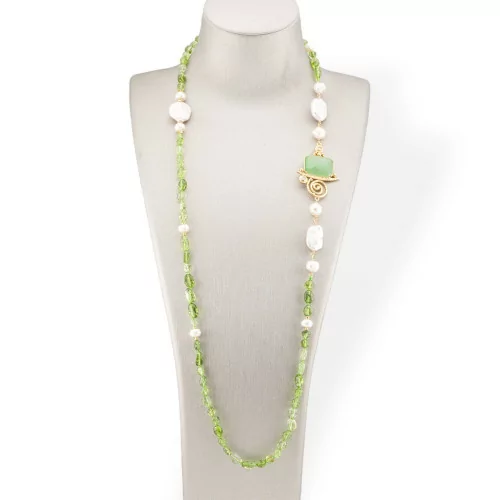 Tumbled Stone Bijoux Necklace With Baroque River Pearls And Bronze Center And Cat's Eye 90cm Rose Crystal