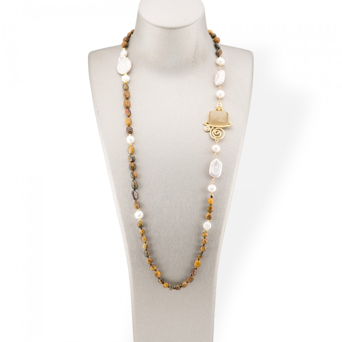 Collana Bijoux Di Pietre Dure Burattate Con Perle Di Fiume Barocche e Centrale Di Bronzo e Occhio Di Gatto 90cm Occhio Di Tigre-DESIGN ITALY | Worldofjewel.com