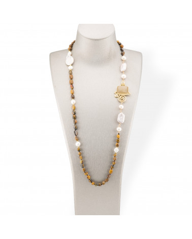 Collana Bijoux Di Pietre Dure Burattate Con Perle Di Fiume Barocche e Centrale Di Bronzo e Occhio Di Gatto 90cm Occhio Di Tigre-DESIGN ITALY | Worldofjewel.com