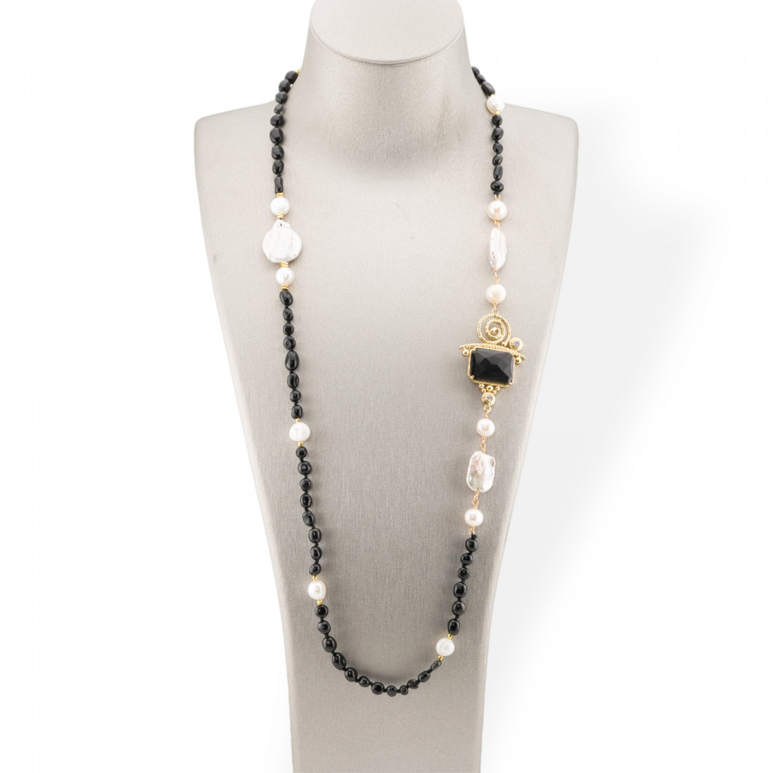 Collana Bijoux Di Pietre Dure Burattate Con Perle Di Fiume Barocche e Centrale Di Bronzo e Occhio Di Gatto 90cm Onice-DESIGN ITALY | Worldofjewel.com