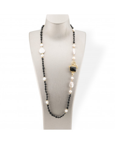 Collana Bijoux Di Pietre Dure Burattate Con Perle Di Fiume Barocche e Centrale Di Bronzo e Occhio Di Gatto 90cm Onice-DESIGN ITALY | Worldofjewel.com