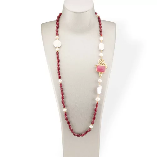 Tumbled Stone Bijoux Necklace With Baroque River Pearls And Bronze Center And Cat's Eye 90cm Red