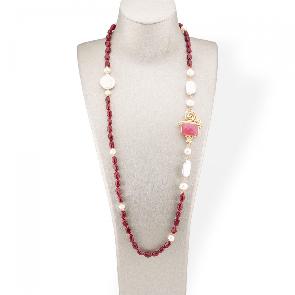 Collana Bijoux Di Pietre Dure Burattate Con Perle Di Fiume Barocche e Centrale Di Bronzo e Occhio Di Gatto 90cm Rosso-DESIGN ITALY | Worldofjewel.com