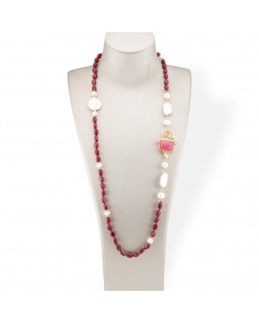 Collana Bijoux Di Pietre Dure Burattate Con Perle Di Fiume Barocche e Centrale Di Bronzo e Occhio Di Gatto 90cm Rosso-DESIGN ITALY | Worldofjewel.com