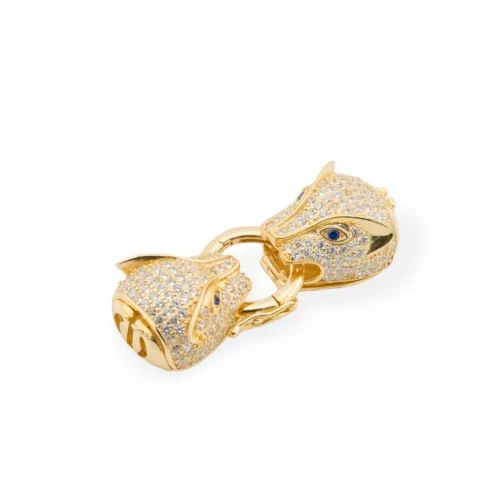 925 Silver Clasp With Zircons Panther Head Double With Central Ring 13x39mm 1pc Gold Blue