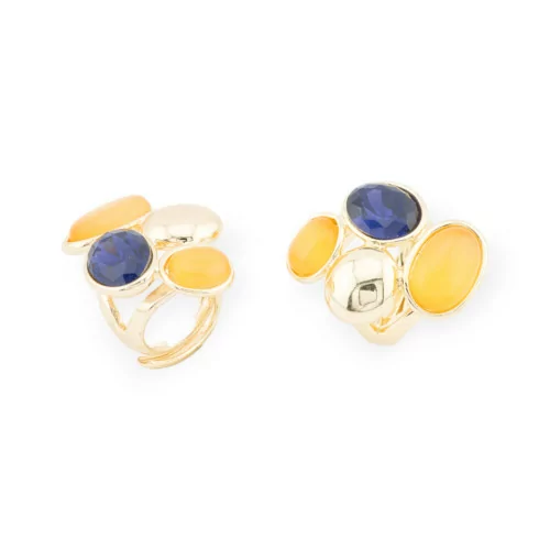 Anillo De Bronce Con Ojo De Gato Y Cristales CZ 3 Piedras 24x32mm Tamaño Ajustable Dorado Amarillo Azul