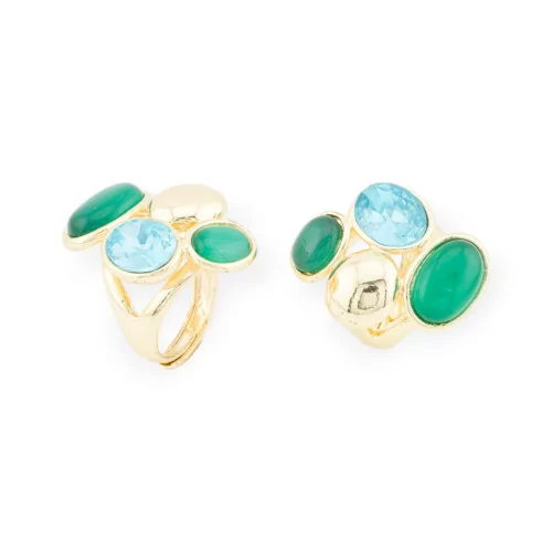 Bronze Ring With Cat's Eye And CZ Crystals 3 Stones 24x32mm Adjustable Size Gold Aqua Green