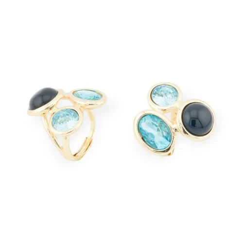 Bronze Ring With Cat's Eye And CZ Crystals 3 Stones 28x29mm Adjustable Size Gold Aqua Black