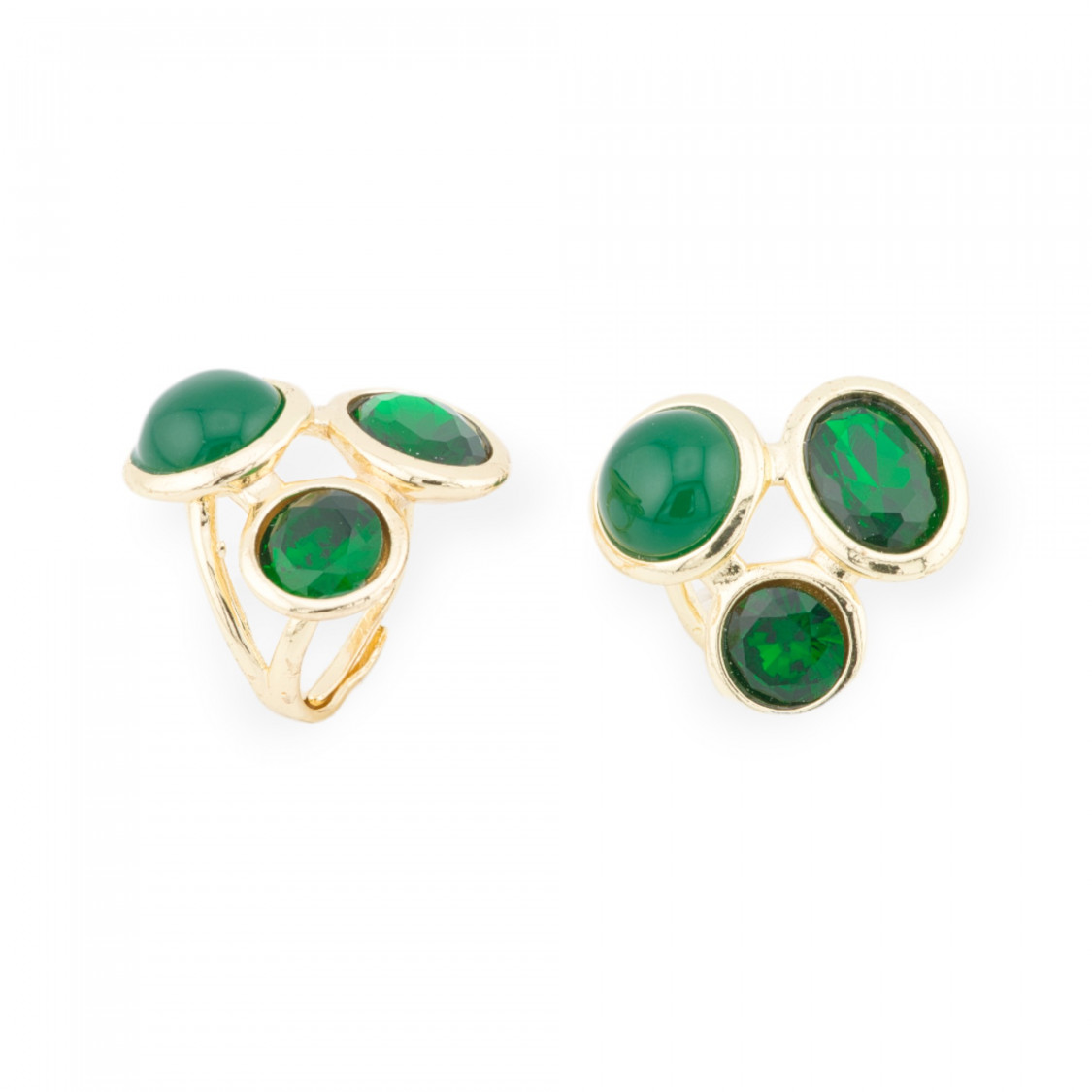 Anello Di Bronzo Con Occhio Di Gatto E Cristalli CZ 3 Pietre 28x29mm Misura Regolabile Dorato Verde-ANELLI BRONZO E OCCHIO DI GATTO | Worldofjewel.com