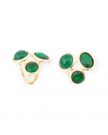 Anello Di Bronzo Con Occhio Di Gatto E Cristalli CZ 3 Pietre 28x29mm Misura Regolabile Dorato Verde-ANELLI BRONZO E OCCHIO DI GATTO | Worldofjewel.com