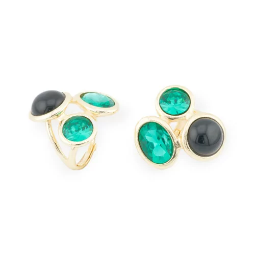 Bronze Ring With Cat's Eye And CZ Crystals 3 Stones 28x29mm Adjustable Size Gold Green Black