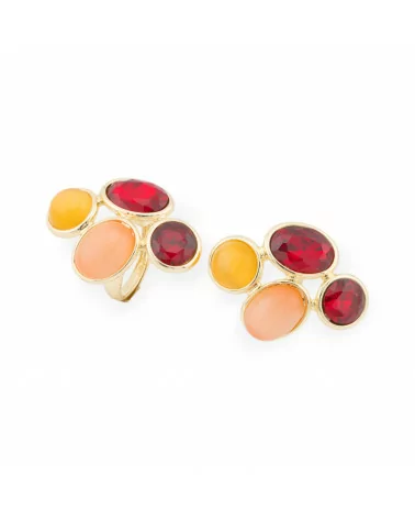 Anello Di Bronzo Con Occhio Di Gatto E Cristalli CZ 4 Pietre 27x35mm Misura Regolabile Dorato Rosso Giallo Pesca-ANELLI BRONZO CON PIETRE INCASTONATE | Worldofjewel.com