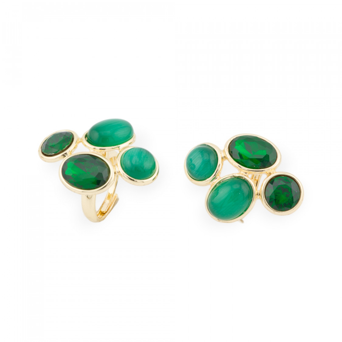 Anello Di Bronzo Con Occhio Di Gatto E Cristalli CZ 4 Pietre 27x35mm Misura Regolabile Dorato Verde-ANELLI BRONZO E OCCHIO DI GATTO | Worldofjewel.com