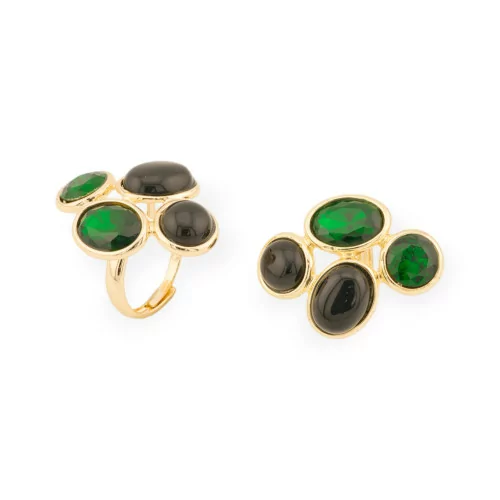 Bronze Ring With Cat's Eye And CZ Crystals 4 Stones 27x35mm Adjustable Size Gold Green Black