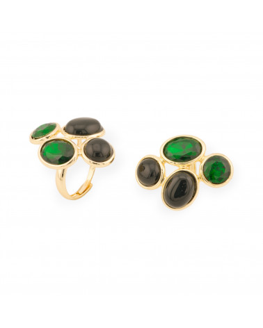 Anello Di Bronzo Con Occhio Di Gatto E Cristalli CZ 4 Pietre 27x35mm Misura Regolabile Dorato Verde Nero-ANELLI BRONZO E OCCHIO DI GATTO | Worldofjewel.com