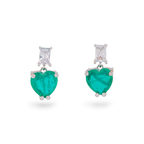 Pendientes De Plata 925 Con Circonitas Y Piedras Engastadas En Corazón Verde Esmeralda Rodiado