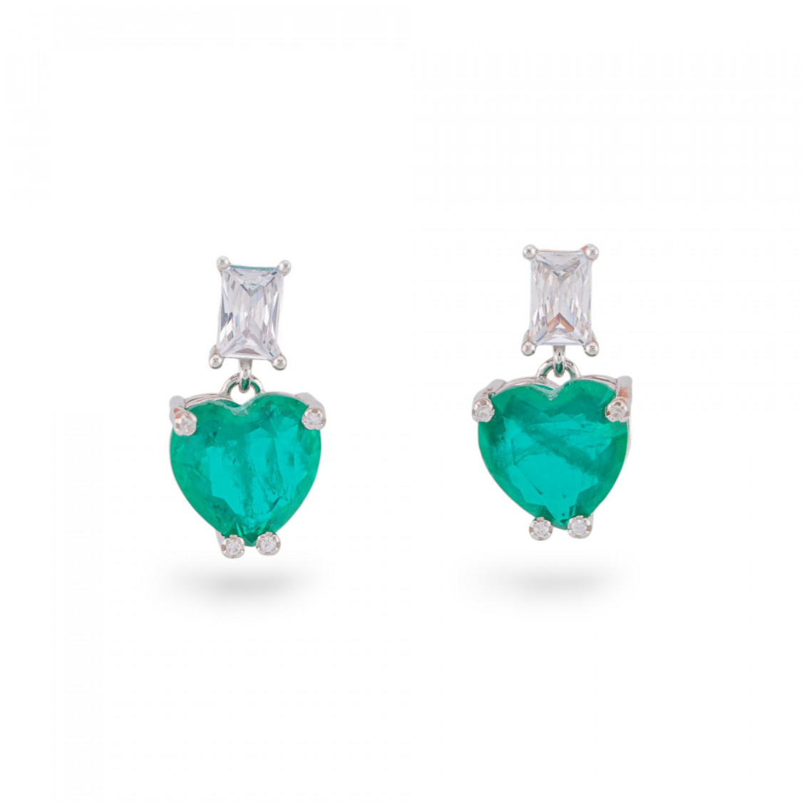 Orecchini Di Argento 925 Con Zirconi E Pietre Incastonate Cuore Rodiato Verde Smeraldo-ARGENTO 925 CRYSTAL | Worldofjewel.com