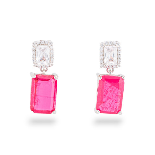 Boucles d'oreilles en argent 925 avec zircons et pierres serties en double rectangle rouge