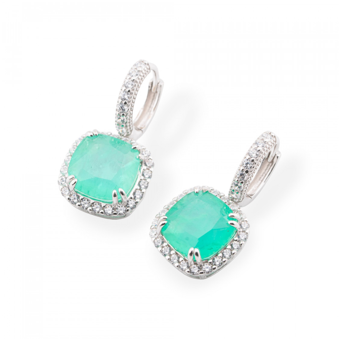 Orecchini Di Argento 925 Con Zirconi E Pietre Incastonate Quadrato Verde Acqua-ARGENTO 925 CRYSTAL | Worldofjewel.com