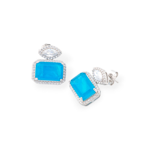 Boucles D'oreilles Argent 925 Avec Zircons Et Pierres Rhodiées Rectangle Bleu